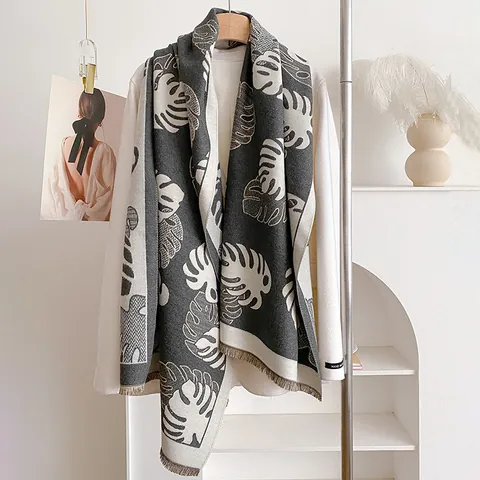 Women Monstera Leaf Print Double Sided Cashmere Like Scarf Thick Warm Shawl With Tassels Soft Winter Pashmina Wrap Neck Warmer