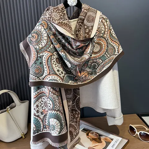 Sciarpa Vintage Con Stampa Paisley e Nappine Simil Cachemire Scialle Caldo Per Donna Inverno Quotidiano Ufficio Sciarpa