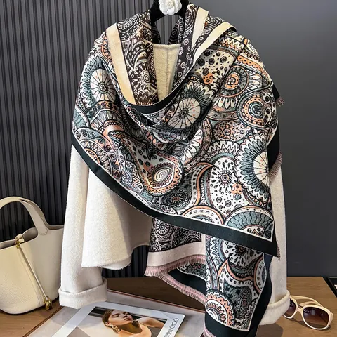 Sciarpa Vintage Con Stampa Paisley e Nappine Simil Cachemire Scialle Caldo Per Donna Inverno Quotidiano Ufficio Sciarpa