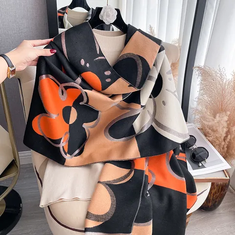 Winter Warm Cashmere-like Scarf For Women Abstract Floral Geometric Print Scarf Fashion Double-sided Large Shawl With Tassel