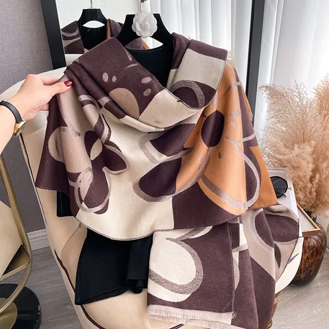Winter Warm Cashmere-like Scarf For Women Abstract Floral Geometric Print Scarf Fashion Double-sided Large Shawl With Tassel