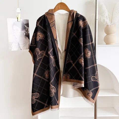 Women Thick Imitation Cashmere Scarf Double Sided Heart Plaid Print Warm Winter Shawl With Tassels Elegant Soft Neck Warmer
