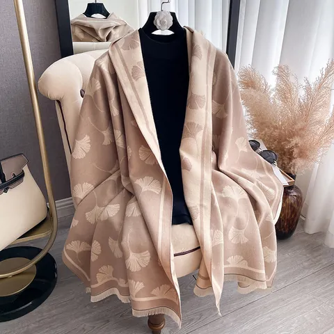 Vintage Κασκόλ Jacquard Με Φύλλα Γκίνγκο Γυναικεία Αίσθηση Κασμίρ Μείγμα Βαμβάκι Πολυεστέρας Ζεστή Εσάρπα Με Φούντες Χειμώνας