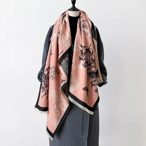Bufanda de Imitación de Cachemira con Arte de Línea Botánica Vintage para Mujer Chal Grande con Estampado Floral y de Mariposa Bufanda Cálida de Invierno con Borlas