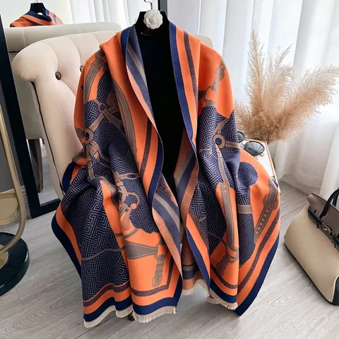 Vintage Equestrian Print Scarf For Women Thickened Cashmere-like Shawl With Tassel Horse Bit Pattern Geometry Wrap Winter Warm Cape