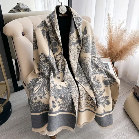 Sciarpa Retro Francese Toile De Jouy Sciarpa a Doppia Faccia in Imitazione Cashmere Stampa Foresta Scialle Nappa Caldo Autunno Inverno Donna