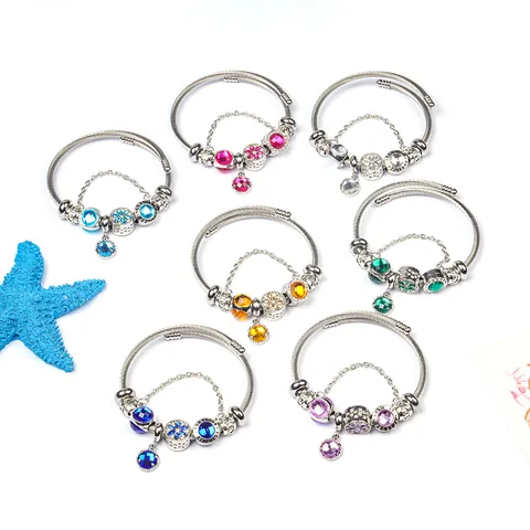 Fashion Alloy DIY Charm Bracelet Sparkling Rhinestone Crystal Beads Open Bangle With Heart Flower Pendant Jewelry For Women Gift