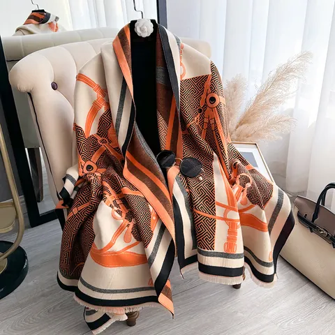 Vintage Equestrian Print Scarf For Women Thickened Cashmere-like Shawl With Tassel Horse Bit Pattern Geometry Wrap Winter Warm Cape