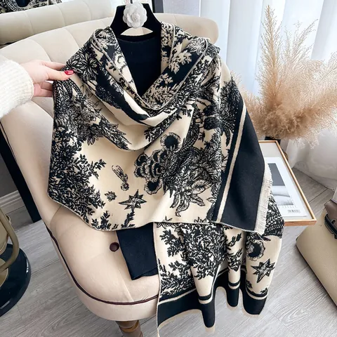Sciarpa Retro Francese Toile De Jouy Sciarpa a Doppia Faccia in Imitazione Cashmere Stampa Foresta Scialle Nappa Caldo Autunno Inverno Donna