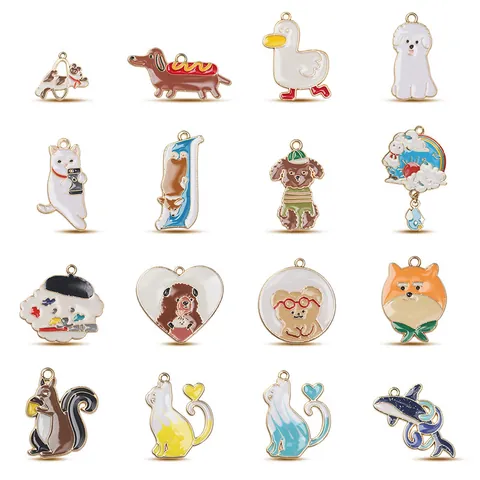 Colgantes de Animales de Dibujos Animados de Aleación de Esmalte para Fabricación de Joyería DIY Perro Gato Oso Pato Ardilla Delfín Dijes Accesorio