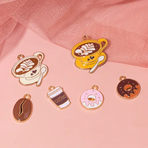 Zinc Alloy Enamel Coffee Cup Donut Coffee Bean Pendants For DIY Jewelry Making Accessories Handmade Craft Charms Collection