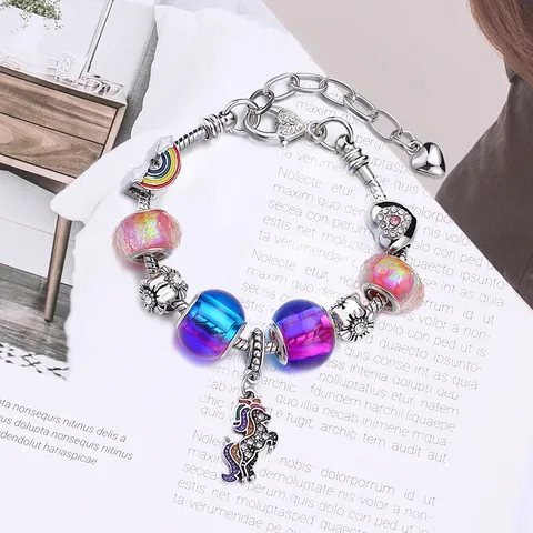 Unicorn Charm Bracelet DIY Rainbow Beaded Snake Bone Chain Adjustable Heart Star Pendant Jewelry Gift For Girls Women