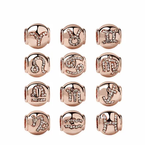 Ciondoli Segni Zodiacali Oro Rosa per Creazione Braccialetti DIY Lega Strass Dodici Costellazioni Perline Gioielli Fai da Te Regalo Compleanno Donna