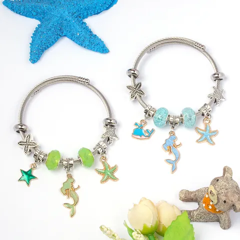 Bracciale per Bambini a Tema Oceano con Ciondolo a Sirena e Stella Marina in Lega Regolabile Gioielli per Ragazze