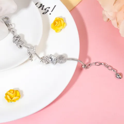 Pulsera de Cuentas de Cadena de Serpiente de Aleación Plateada Ajustable Con Dijes de Corazón y Llave y Zirconia Regalo Joyería Mujer