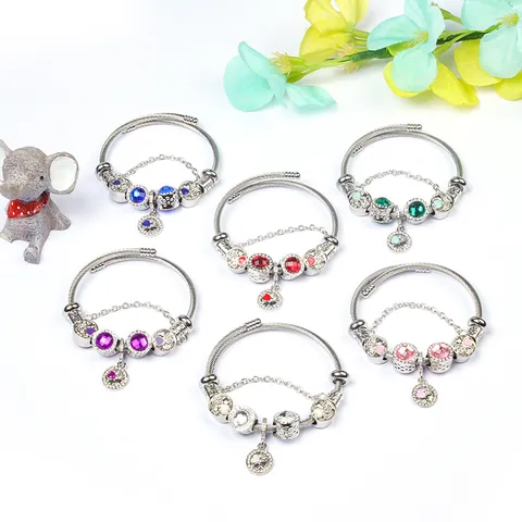 DIY Alloy Crystal Clover Heart Pendant Charm Bracelet Multicolor Rhinestone Inlaid Fashion Jewelry Bangle For Women Gift
