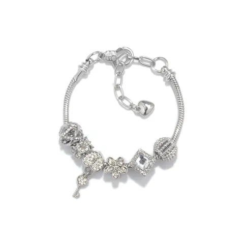 Pulsera de Cuentas de Cadena de Serpiente de Aleación Plateada Ajustable Con Dijes de Corazón y Llave y Zirconia Regalo Joyería Mujer