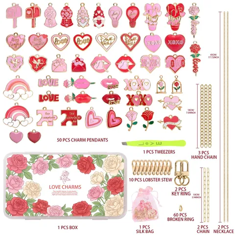 Valentijnsdag Emaille Hart Roos Charms Sieraden Maken Kit Met Armbanden Kettingen Componenten En Opbergdoos DIY Sieraden