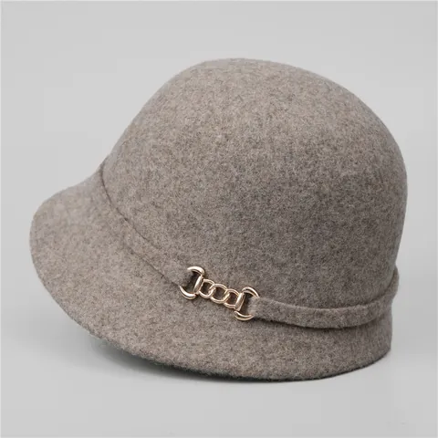 Cappello Cloche Vintage Francese in Misto Lana Per Donna Autunno Inverno Moda Elegante Cappello da Equitazione Con Fibbia a Catena Oro