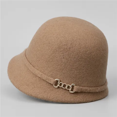 Cappello Cloche Vintage Francese in Misto Lana Per Donna Autunno Inverno Moda Elegante Cappello da Equitazione Con Fibbia a Catena Oro
