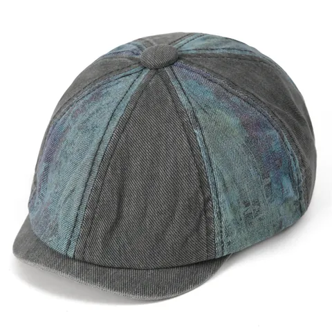 Vintage Washed Denim Newsboy Cap Colorblock Distressed Octagonal Hat For Men Women Casual Fashion Short Brim Beret Flat Cap