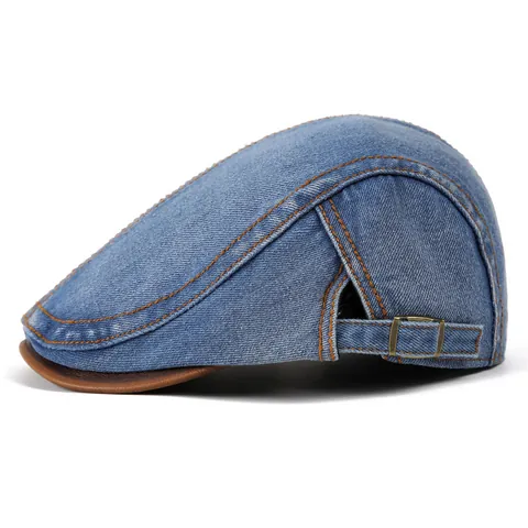 Vintage Washed Denim Flat Cap With PU Leather Brim Contrast Stitching Adjustable Newsboy Ivy Hat For Women Retro Outdoor Casual