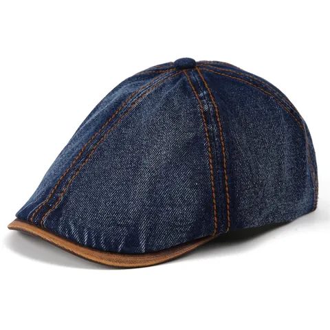 Retro Denim Baret Vrouwen Gewassen Katoen Krantenjongenspet Met Contraststiksel Verstelbare Platte Pet Vintage Schildershoed