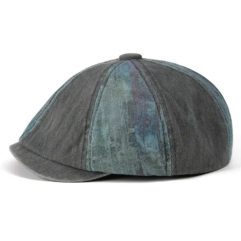 Vintage Washed Denim Newsboy Cap Colorblock Distressed Octagonal Hat For Men Women Casual Fashion Short Brim Beret Flat Cap