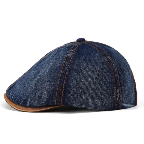 Retro Denim Baret Vrouwen Gewassen Katoen Krantenjongenspet Met Contraststiksel Verstelbare Platte Pet Vintage Schildershoed