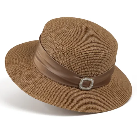 Sombrero de Paja Elegante para Mujer Parte Superior Plana Con Cinta de Satén Hebilla de Perlas Artificiales Strass Protección Solar Playa