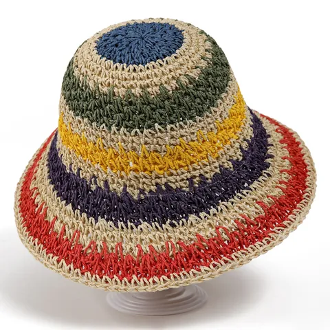 Dames Strohoed Met Brede Rand Veelkleurige Regenboog Gehaakte Papieren Zonnehoed Opvouwbare Vissershoed Strand Zomer Pet