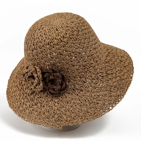 Women's Summer Straw Sun Hat With Woven Flower Decoration Foldable Wide Brim Paper Straw Beach Hat For Vacation