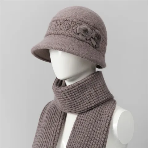 Conjunto de Gorro y Bufanda de Punto de Mezcla de Pelo de Conejo de Invierno para Mujer Decoración Floral Sombrero Cloche Cálido a Prueba de Viento para Anciana