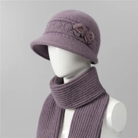Conjunto de Gorro y Bufanda de Punto de Mezcla de Pelo de Conejo de Invierno para Mujer Decoración Floral Sombrero Cloche Cálido a Prueba de Viento para Anciana