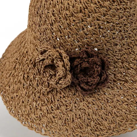 Women's Summer Straw Sun Hat With Woven Flower Decoration Foldable Wide Brim Paper Straw Beach Hat For Vacation