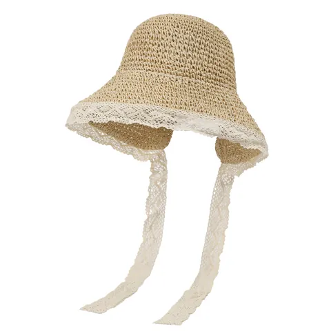 Women Summer Wide Brim Lace Paper Straw Hat Sun Protection Breathable Beach Woven Hat With Adjustable Ribbon Tie For Vacation
