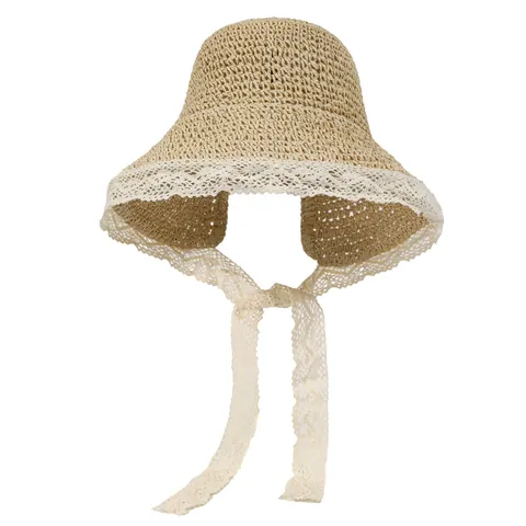 Women Summer Wide Brim Lace Paper Straw Hat Sun Protection Breathable Beach Woven Hat With Adjustable Ribbon Tie For Vacation