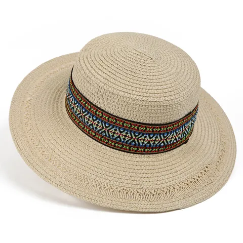 Women Bohemian Flat Top Paper Straw Hat Summer Beach Vacation Sun Protection Wide Brim Ethnic Pattern Boater Hat