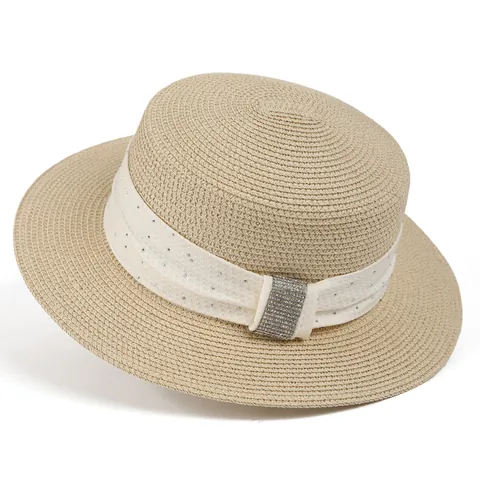 Damen Eleganter Papierstrohhut Flache Krone Mit Strass Dekorband Diamant Metallschnalle Sonnenschutz Sommer Strandhut