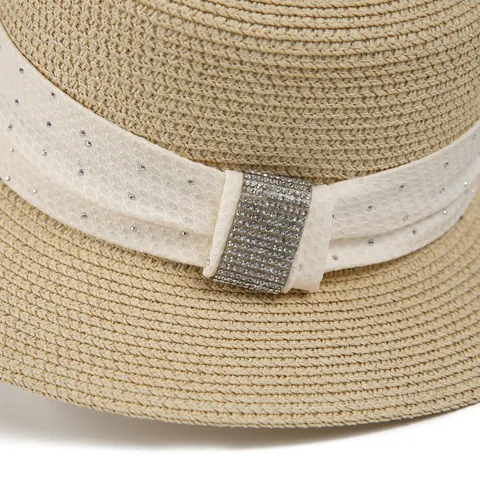 Damen Eleganter Papierstrohhut Flache Krone Mit Strass Dekorband Diamant Metallschnalle Sonnenschutz Sommer Strandhut