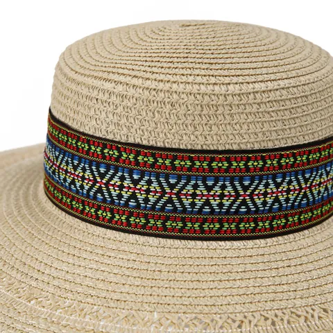 Women Bohemian Flat Top Paper Straw Hat Summer Beach Vacation Sun Protection Wide Brim Ethnic Pattern Boater Hat