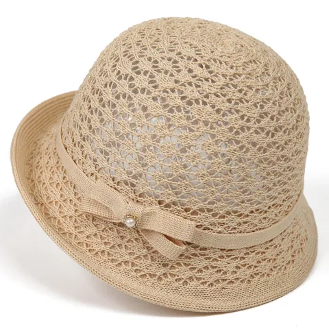 Women Woven Bucket Hat Bow Faux Pearl Rhinestone Sun Protection Summer Beach Breathable Adjustable Elegant Travel Hat