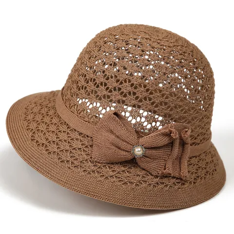 Women Elegant Crochet Bowknot Bucket Hat Faux Artificial Pearl Sunshade Breathable Summer Straw Hat For Middle Aged Mothers