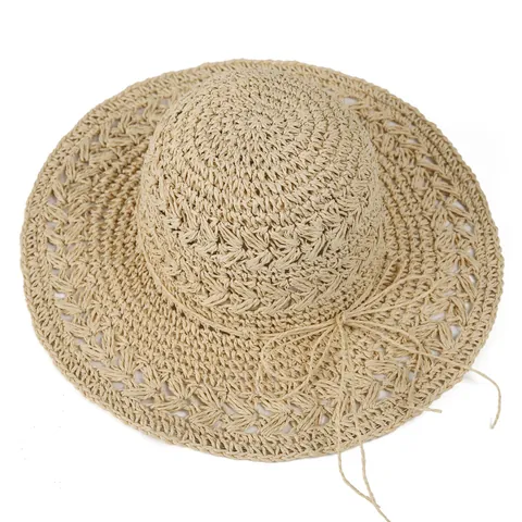 Dames Zomer Opengewerkte Brede Rand Strohoed Ademend Papier Zonnehoed Voor Strandvakantie Elegante Vissershoed