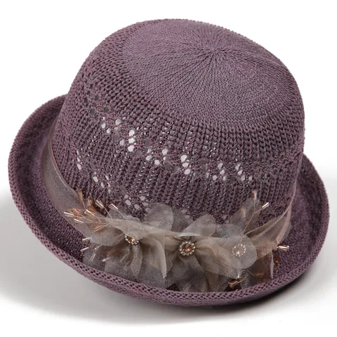 Elegant Women Hollow Knit Sun Hat With 3D Mesh Flower Satin Ribbon Rhinestone Breathable Bucket Hat For Summer Beach Outdoor Travel