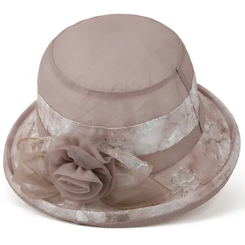 Women Elegant Floral Mesh Bucket Hat Vintage Organza Church Sun Hat With Flower Decor For Wedding Party Elderly Ladies