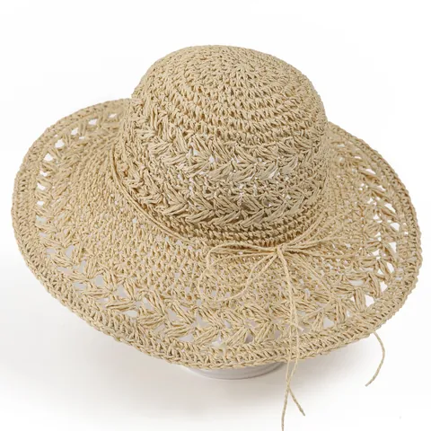Dames Zomer Opengewerkte Brede Rand Strohoed Ademend Papier Zonnehoed Voor Strandvakantie Elegante Vissershoed