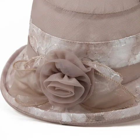 Women Elegant Floral Mesh Bucket Hat Vintage Organza Church Sun Hat With Flower Decor For Wedding Party Elderly Ladies