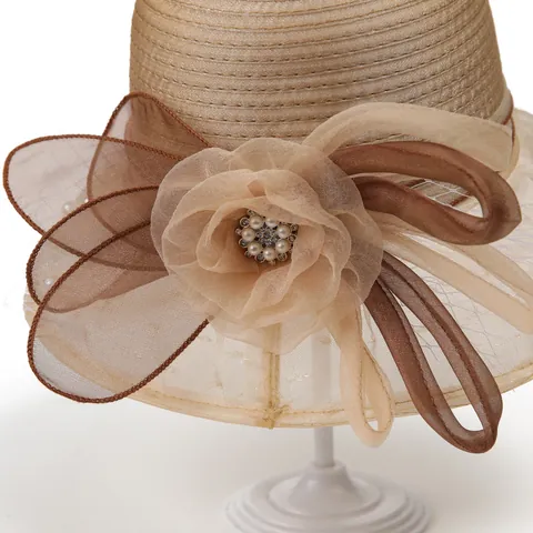 Elegant Women Organza Floral Sun Hat Wide Brim Woven Party Top Hat With Pearls Rhinestones For Wedding Banquet Church Travel
