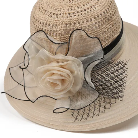 Women Elegant Organza Sun Hat Summer Breathable Bucket Hat Floral Wide Brim Foldable Beach Sun Protection Outdoor Hat